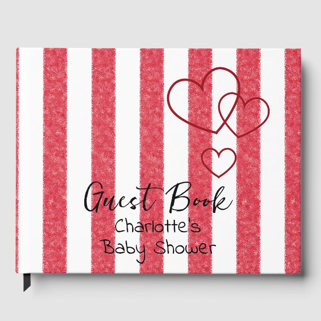 Libro De Visitas Elegant Red Chalk Stripe Triple Hearts Baby Shower (Anverso)