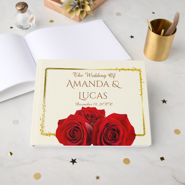 Libro De Visitas Elegant Red Roses and Gold Frame Cream Wedding (Anverso Abierto)