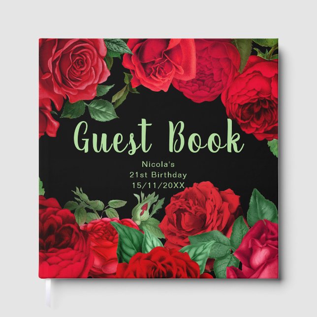 Libro De Visitas Elegant Red Roses Flowers Birthday Party (Anverso)