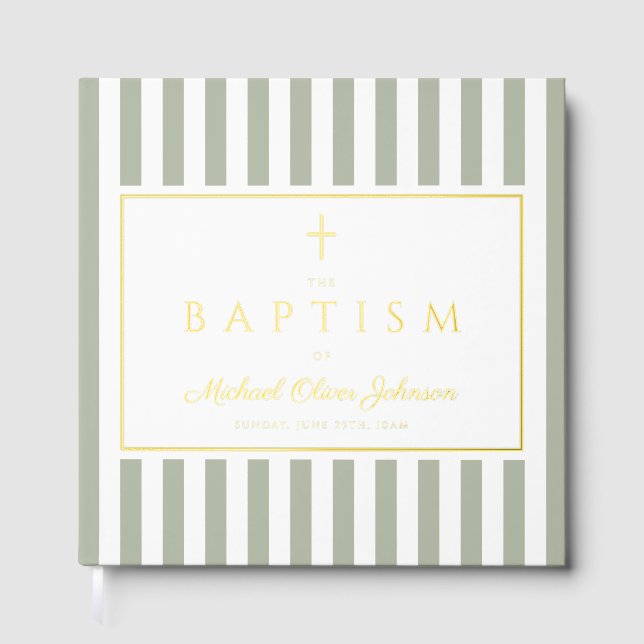 Libro De Visitas Elegant Religious Sage Green Stripes Baptism (Anverso)