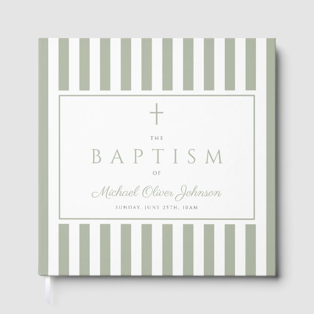 Libro De Visitas Elegant Religious Sage Green Stripes Baptism (Anverso)