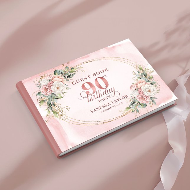 Libro De Visitas Elegant Rose Gold Greenery Floral 90th Birthday  (Elegant Rose Gold Eucalyptus 90th Birthday Guest Book)