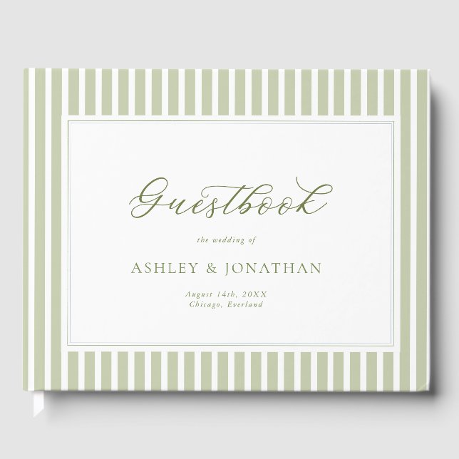 Libro De Visitas Elegant Sage Green Striped Wedding (Anverso)