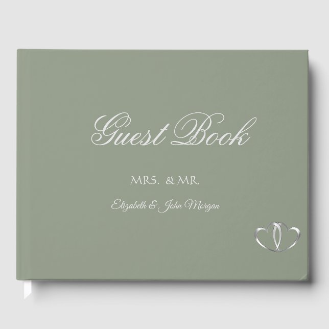 Libro De Visitas Elegant Silver Hearts Sage Green (Anverso)