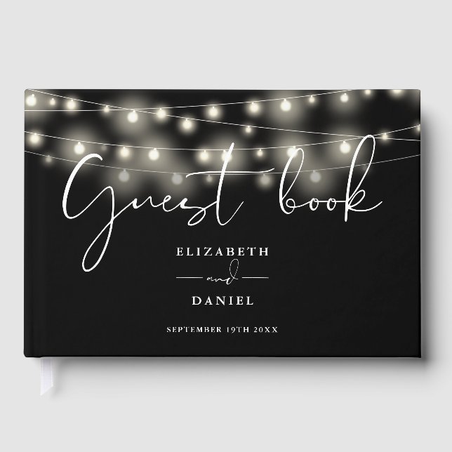 Libro De Visitas Elegant String Lights Black And White Wedding (Anverso)