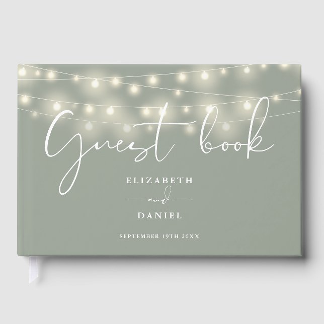 Libro De Visitas Elegant String Lights Sage Green Wedding (Anverso)