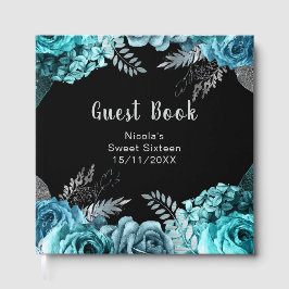 Libro De Visitas Elegant Teal Blue and Silver Flowers Sweet Sixteen
