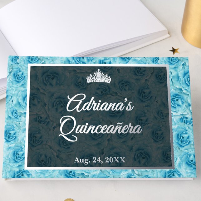 Libro De Visitas Elegant Teal Rose Floral Quinceanera Silver  (Subido por el creador)