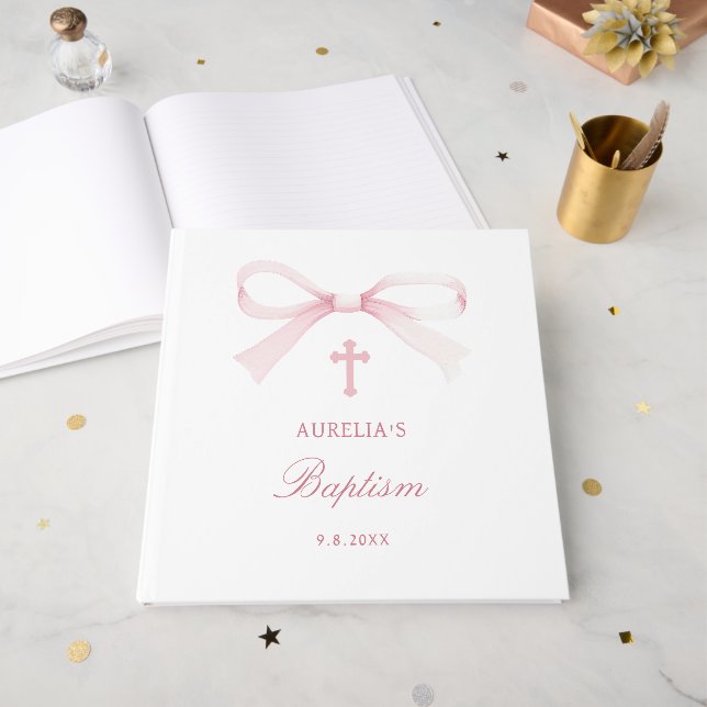 Libro De Visitas Elegant Watercolor Pink Bow Baptism (Anverso Abierto)