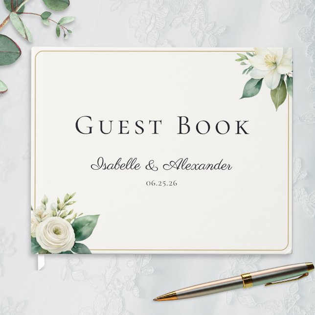 Libro De Visitas Elegant White Floral and Greenery Custom Wedding (An elegant wedding guest book with custom names and date, with white floral motifs and greenery)