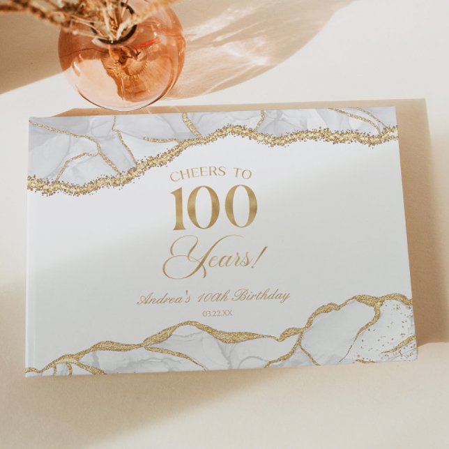 Libro De Visitas Elegant White Gold Agate 100th Birthday Party (Subido por el creador)