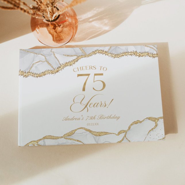 Libro De Visitas Elegant White Gold Agate 75th Birthday Party (Subido por el creador)