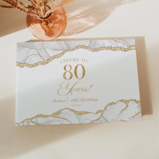 Libro De Visitas Elegant White Gold Agate 80th Birthday Party (Subido por el creador)