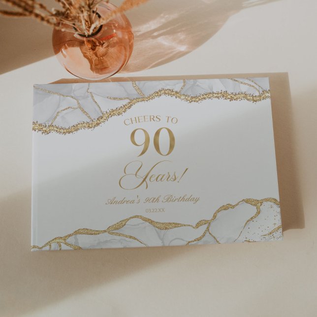 Libro De Visitas Elegant White Gold Agate 90th Birthday Party (Subido por el creador)