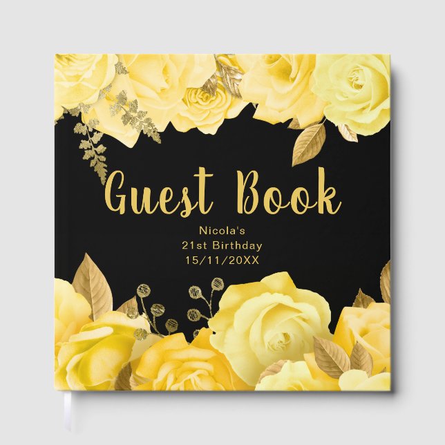 Libro De Visitas Elegant Yellow and Gold Flowers Birthday Party (Anverso)