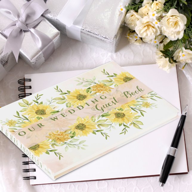 Libro De Visitas Elegante acuarela amarillo girasol Boda floral (Elegant Watercolor Yellow Sunflower floral Wedding Guest Book)