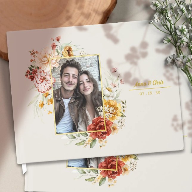 Libro De Visitas Elegante acuarela Boda floral foto oro (Personalized watercolor floral wedding photo guestbook with gold foil. Elegant celebration of life k)