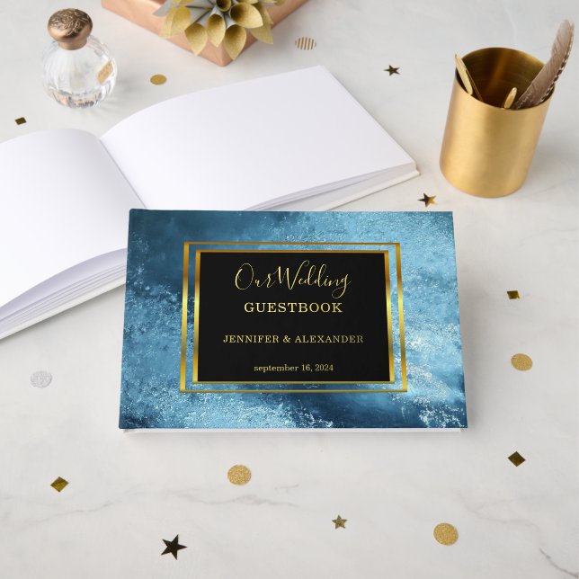Libro De Visitas Elegante acuarela boda Relieve metalizado de oro l (Anverso Abierto)