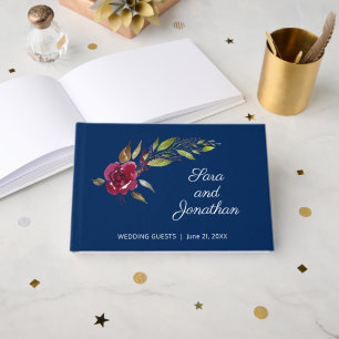 Libro De Visitas Elegante acuarela Floral Boda azul oscuro