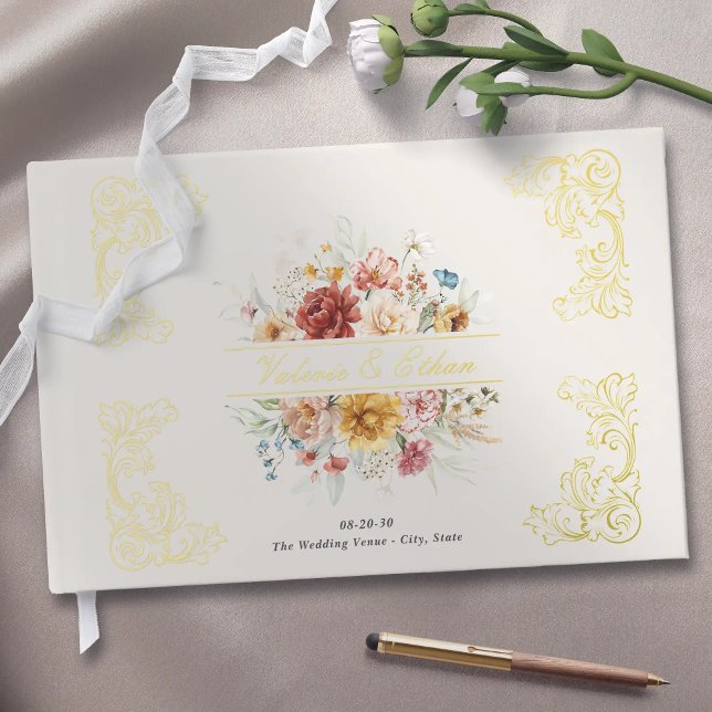Libro De Visitas Elegante acuarela Floral Jardín Boda Oro (Elegant Watercolor Floral Garden Wedding Gold.
Personalized couple names guest book for garden wed.)