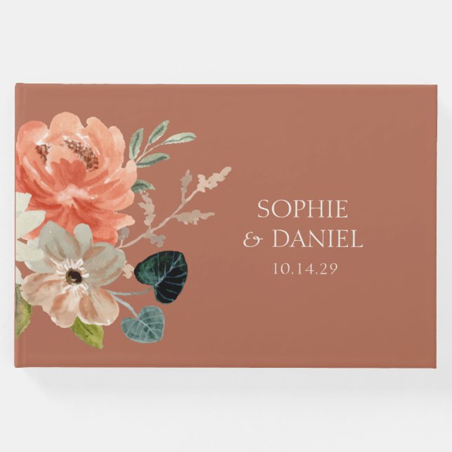 Libro De Visitas Elegante acuarela floral Terracotta Boda (Anverso)