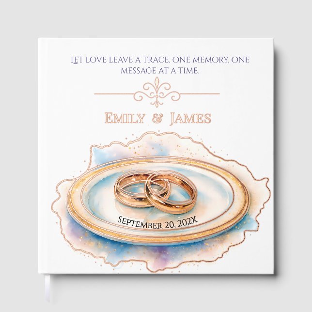 Libro De Visitas Elegante acuarela Golden Rosa Anillos Bodas (Anverso)