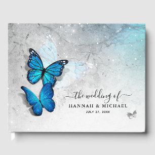 Libro De Visitas Elegante acuarela Plata y Mariposa Azul