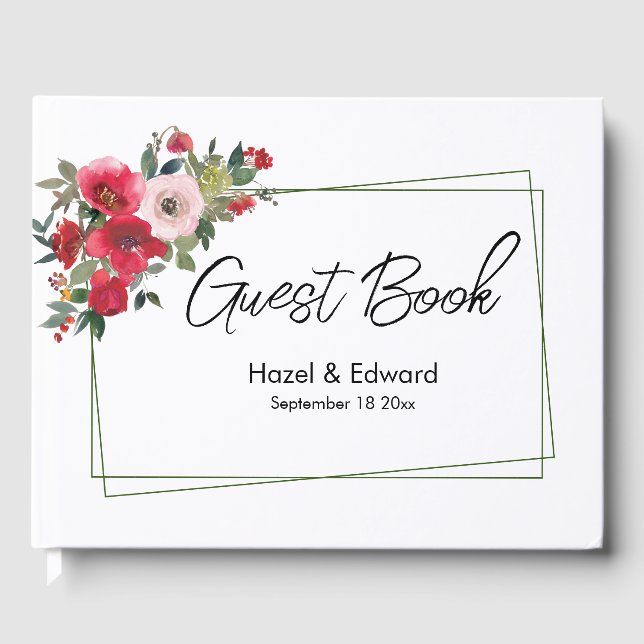Libro De Visitas Elegante acuarela Rosa Rojo Boda floral (Anverso)