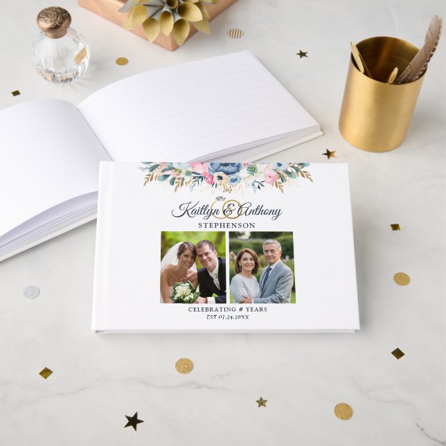 Libro De Visitas Elegante Aniversario Acuarela Floral 2 Fotos (Anverso Abierto)