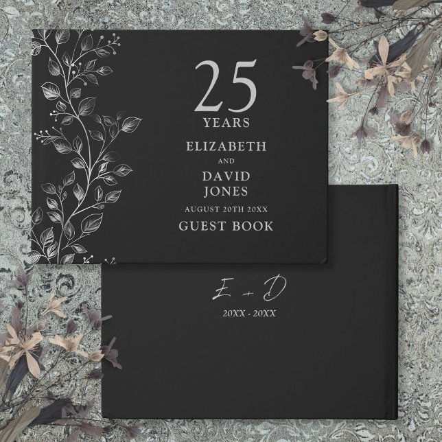 Libro De Visitas Elegante aniversario floral plateada 25° Boda (Elegant Silver Floral 25th Wedding Anniversary Guest Book)