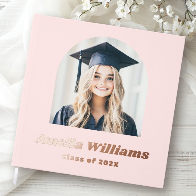 Libro De Visitas Elegante archipiélago foto retro clase de nombre r (Elegant arch graduate photo retro name class pink foil guest book)
