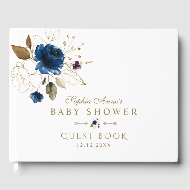 Libro De Visitas Elegante Baby Shower de Flores de Oro Azul (Anverso)