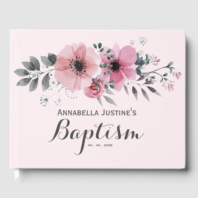 Libro De Visitas Elegante BAPTISMO Floral Rosa (Anverso)