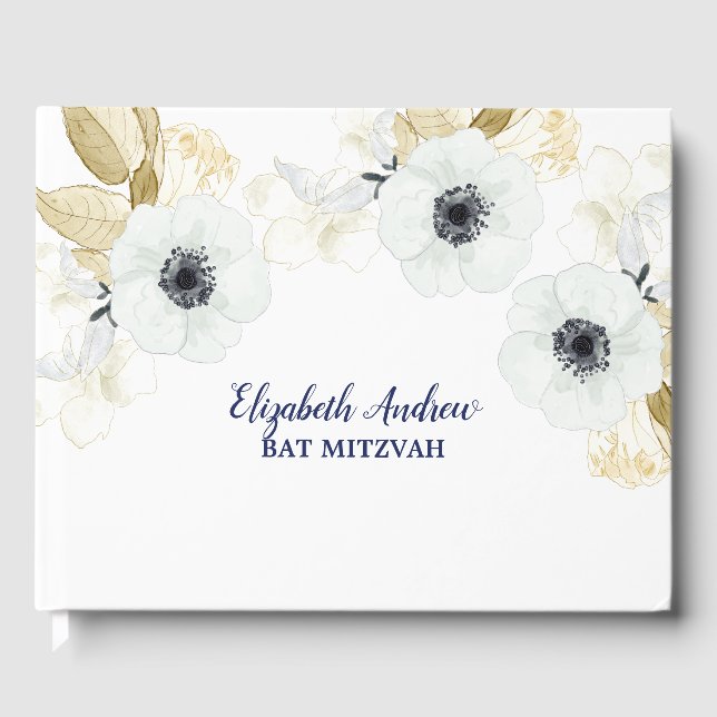 Libro De Visitas Elegante Bat Floral Azul de la Marina Mitzvah (Anverso)