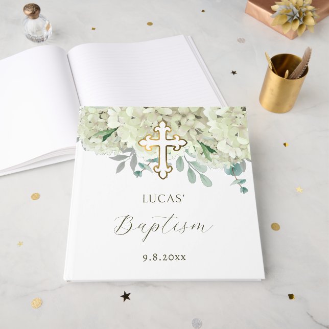 Libro De Visitas Elegante bautismo de hidrangea blanca (Anverso Abierto)