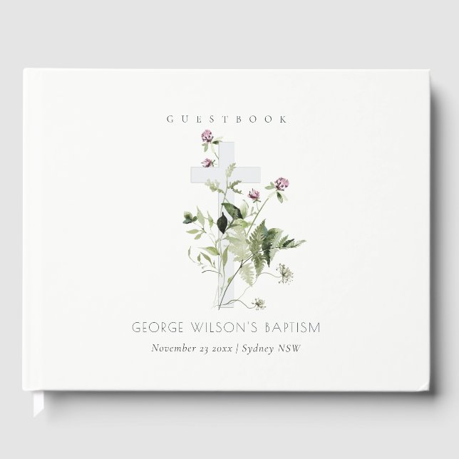 Libro De Visitas Elegante bautismo floral cruzado morado (Anverso)