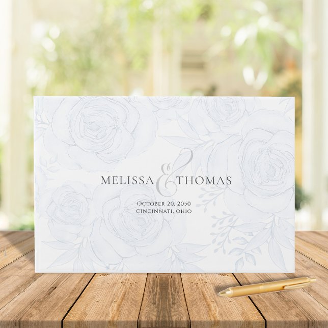 Libro De Visitas Elegante Boda Azul Floral Boho Verde Simple (Elegant wedding guest book with blue floral calligraphy ampersand.)