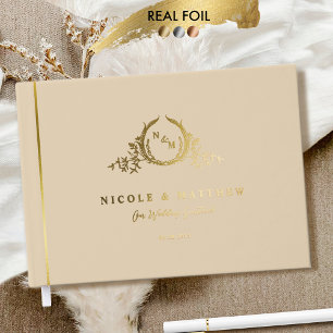 Libro De Visitas Elegante Boda beige y monograma de Relieve metaliz