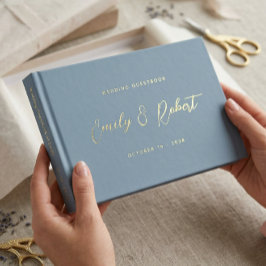 Libro De Visitas Elegante Boda con Caligrafía Azul Polvoriento y Do