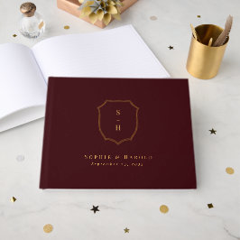 Libro De Visitas Elegante Boda con Monograma de Cresta en Burgundy 