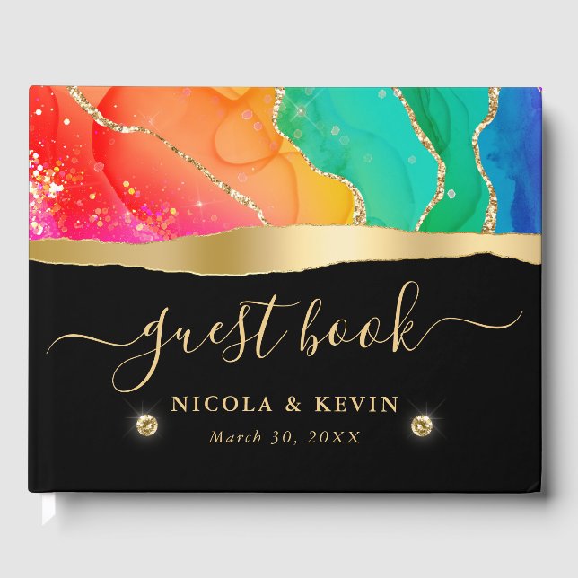 Libro De Visitas Elegante Boda de arcoiris y Purpurina de oro (Anverso)