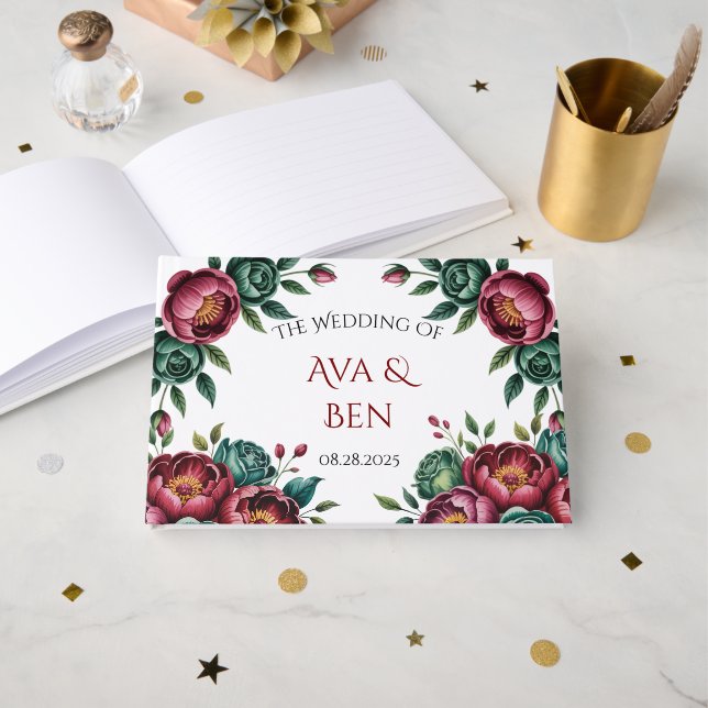 Libro De Visitas Elegante Boda de Borgoña y Peonía Esmeralda (Anverso Abierto)