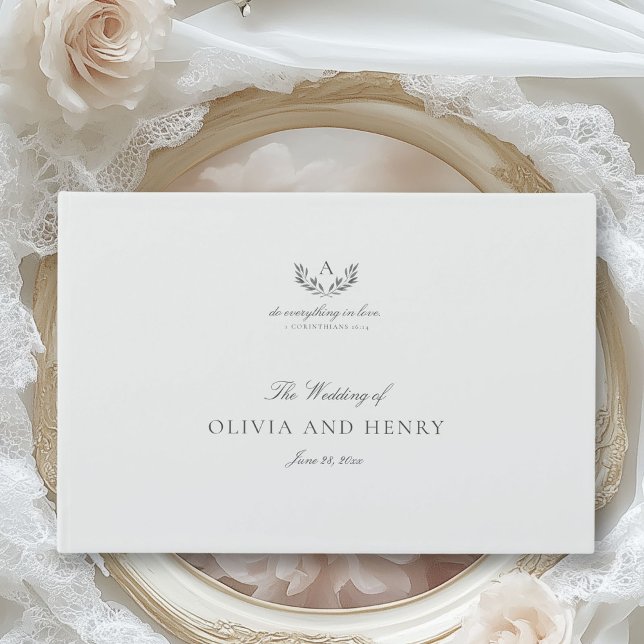 Libro De Visitas Elegante Boda de caligrafía gris y guión de monogr (Elegant, simple wedding guest book with mongram, laurel leaves and calligraphy)