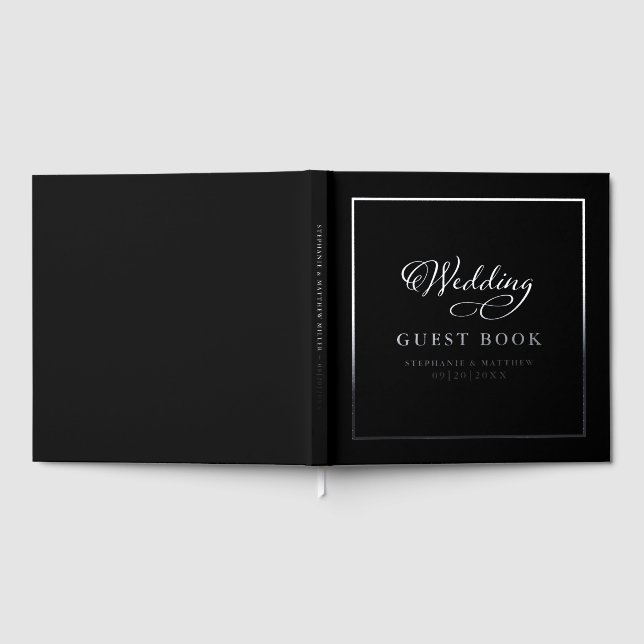 Libro De Visitas Elegante Boda de caligrafía plateada Black Keepsak (Lleno)