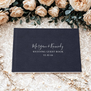Libro De Visitas Elegante Boda de Cuero Falso Azul Medianoche