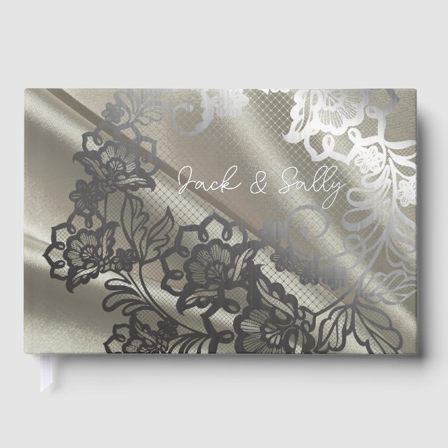 Libro De Visitas Elegante Boda de encaje negro (Anverso)