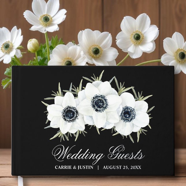 Libro De Visitas Elegante Boda de flores blancas y negras (Black and white flowers wedding guest book, your details in silver, gold or rose gold real foil)