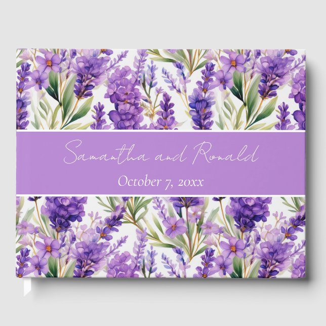 Libro De Visitas Elegante Boda de flores de lavanda acuática (Anverso)