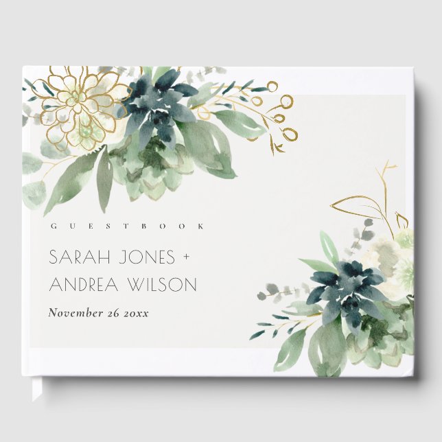 Libro De Visitas Elegante Boda de Foliage Dusky Blue Green (Anverso)