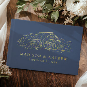 Libro De Visitas Elegante Boda de Foto de Granero Rústico de Azul M